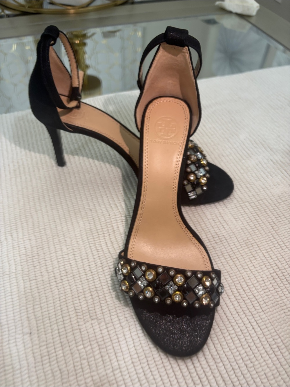 Tory Burch Black Jeweled Ankle-Strap Heels